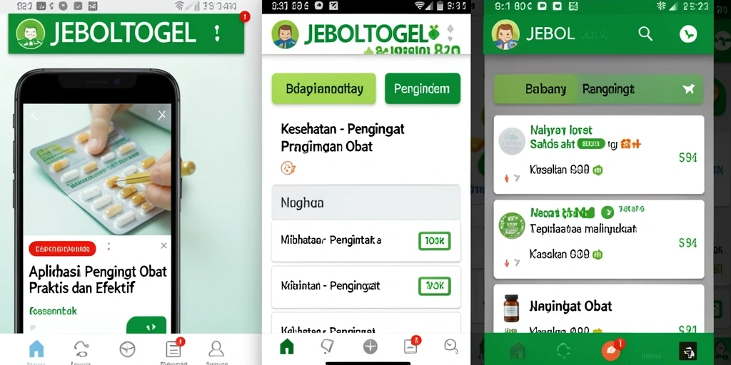 Tampilan antarmuka utama aplikasi JEBOLTOGEL dengan fitur pengingat obat.