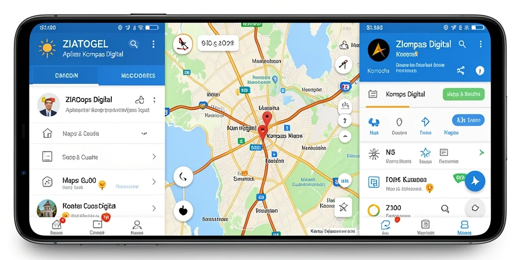 Screenshot ZIATOGEL menampilkan antarmuka kompas digital yang sederhana dan modern.